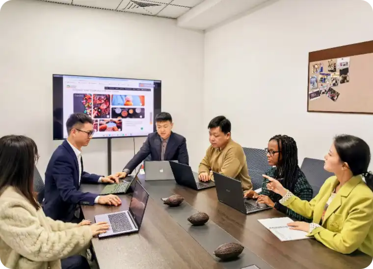 Huanda Cocoa office team collaboration - professional cocoa supplier management and customer service