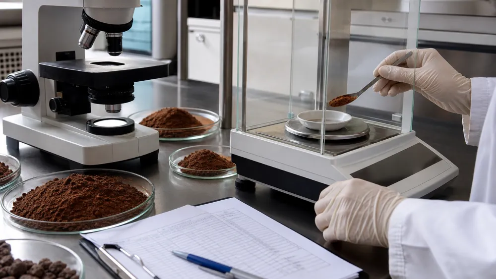 Food laboratory technician testing cacao powder samples