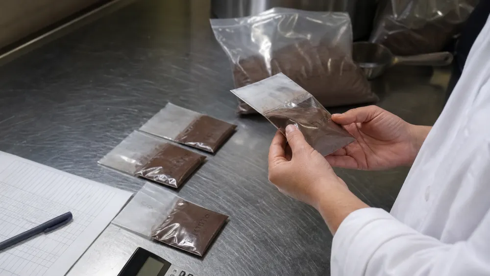 Spectrophotometer measuring a pressed cocoa powder sample in a laboratory