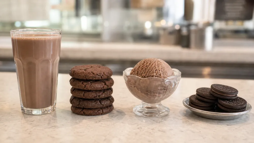 Chocolate milk, cookies, ice cream and dark wafers showing different cocoa shades