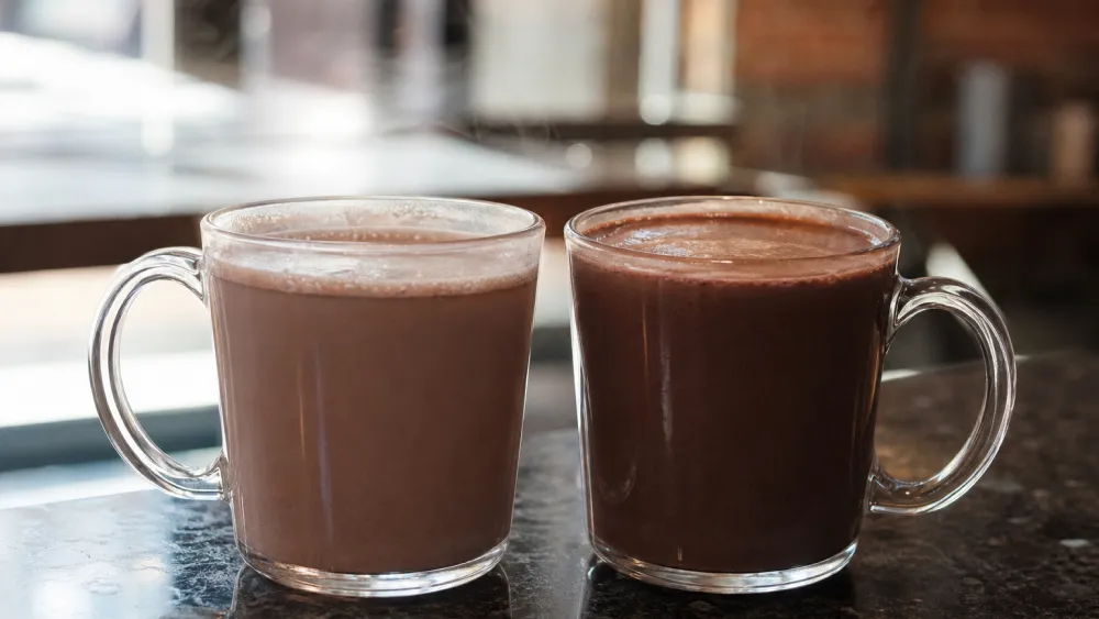 Two mugs of drinking chocolate comparing lean and creamy textures from low fat and high fat cocoa powder