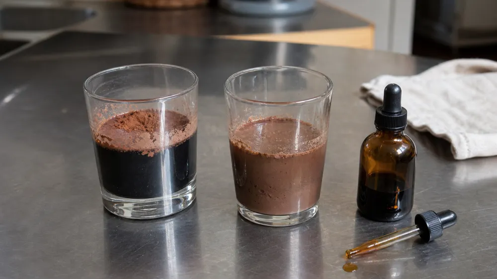 Iodine test on cocoa powder with one glass turning blue-black indicating added starch