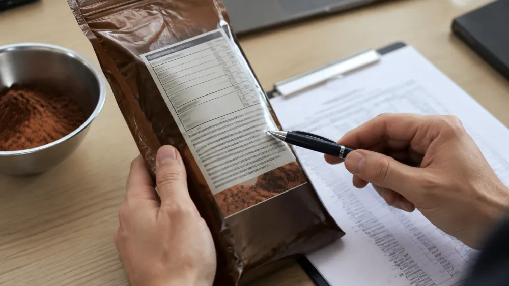 Ingredient label of a cocoa powder package checked against a supplier specification sheet