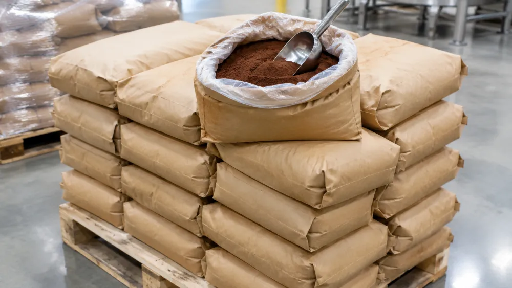 Stacked 25 kg kraft paper bags of bulk cocoa powder with PE liners in a cocoa processing warehouse