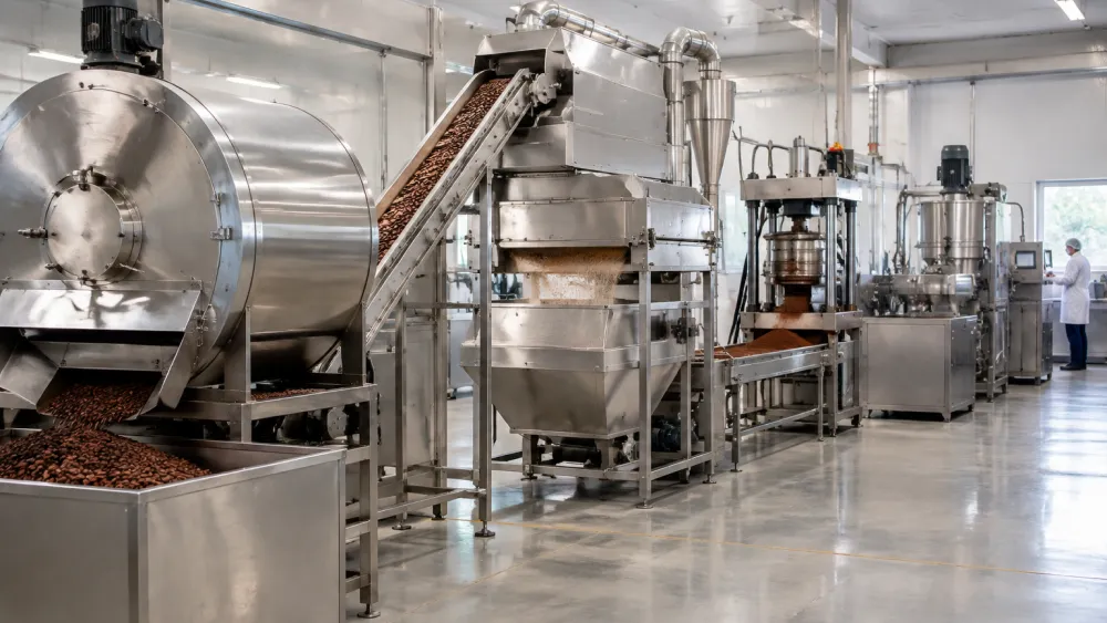 Industrial cocoa powder production line with roaster, winnowing machine, hydraulic press and milling equipment