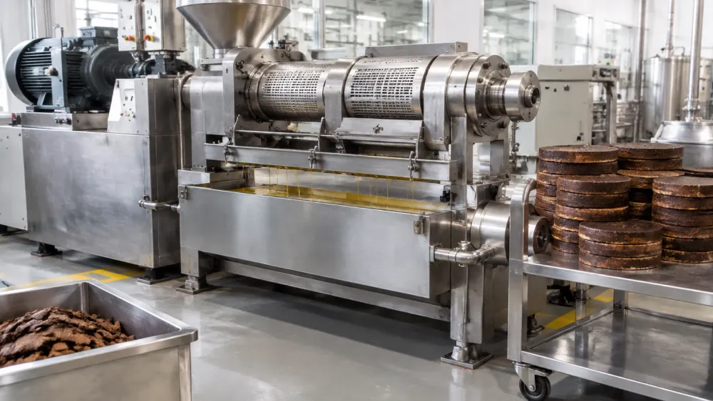 Horizontal hydraulic press with cocoa press cakes and fresh cocoa butter in a cocoa powder plant