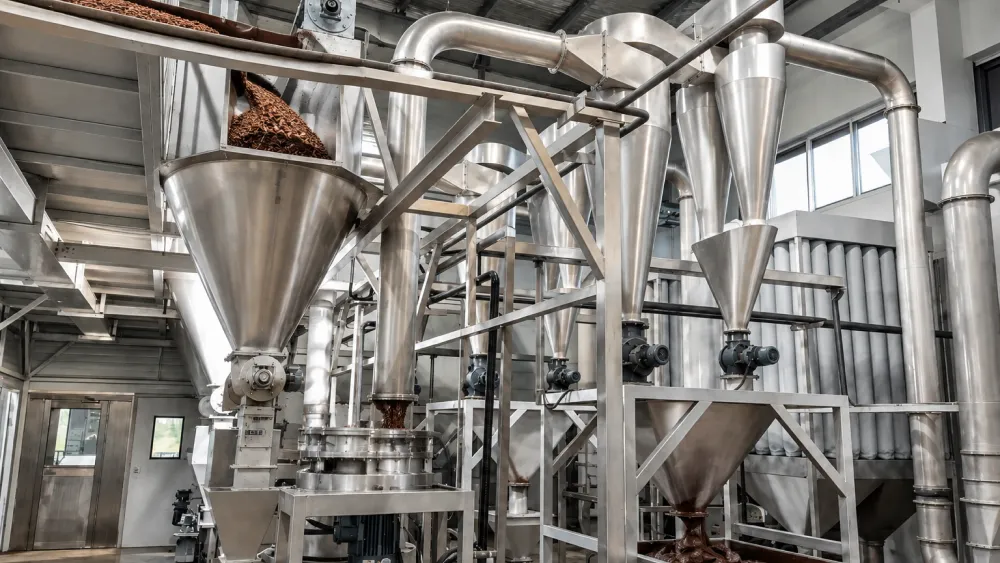 Cocoa liquor production flow from cocoa beans and nibs to ground cocoa mass