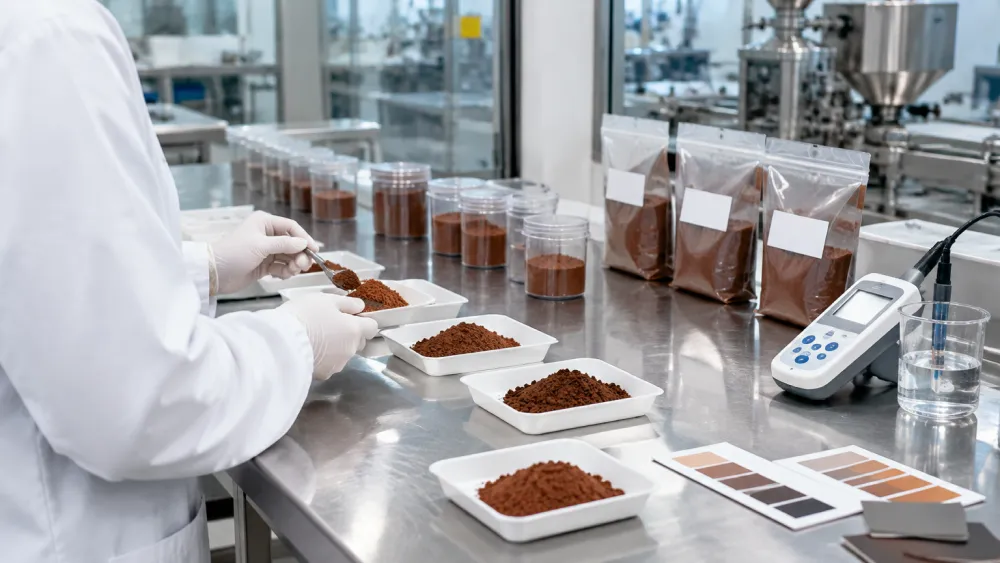 Cocoa powder samples tested for pH, fat, and color value in a quality control laboratory